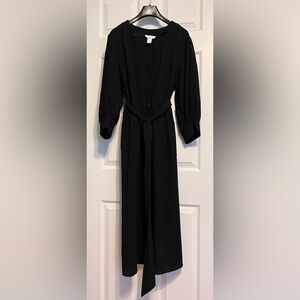 H&M, Tie-belt Button-Up Cotton Midi Black Dress, size M
